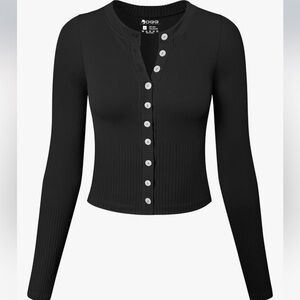 OQQ Black Ribbed Button-Up Cardigan